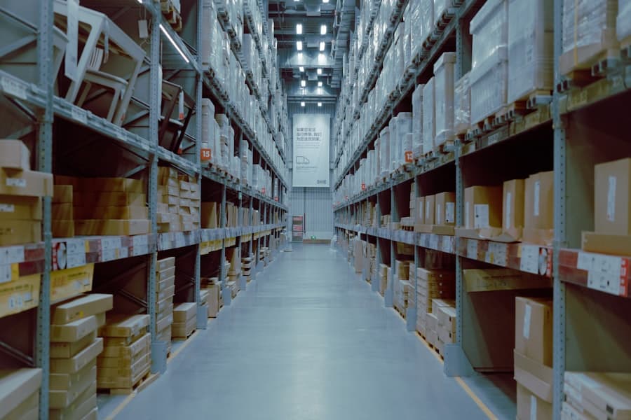 Large secure warehouse with tall storage shelves