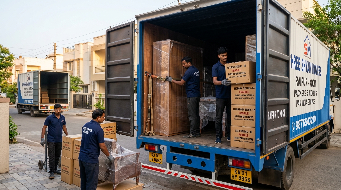 Shree Shyam Movers professional moving crew packing and loading 1 BHK household items into a container truck for Raipur to Kochi relocation