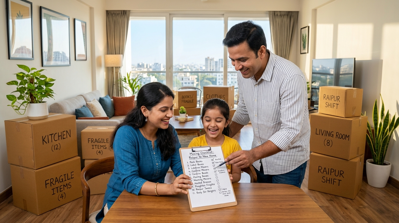 Happy family reviewing their comprehensive home shifting checklist with labelled cartons ready for moving in Raipur Chhattisgarh