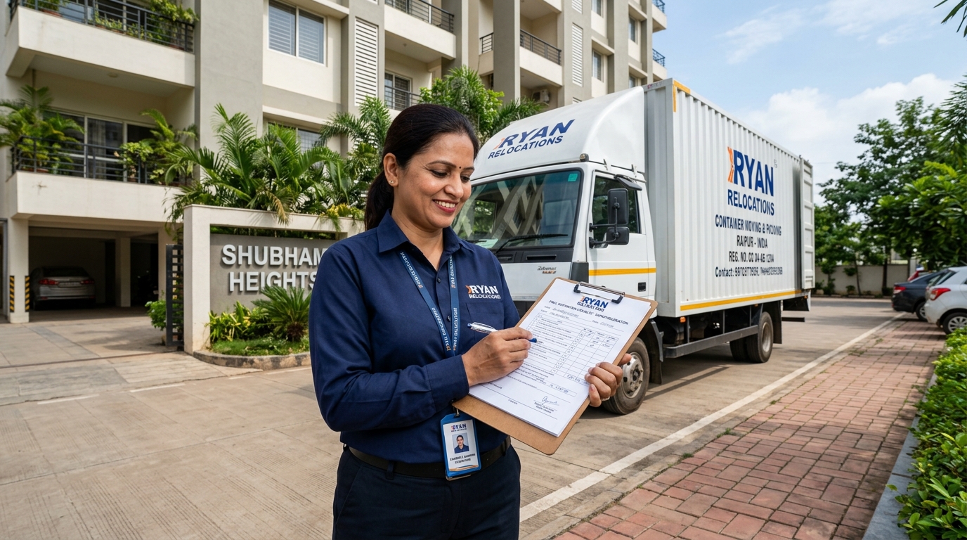 Professional moving coordinator holding official verification checklist in front of a container moving truck in Raipur Chhattisgarh