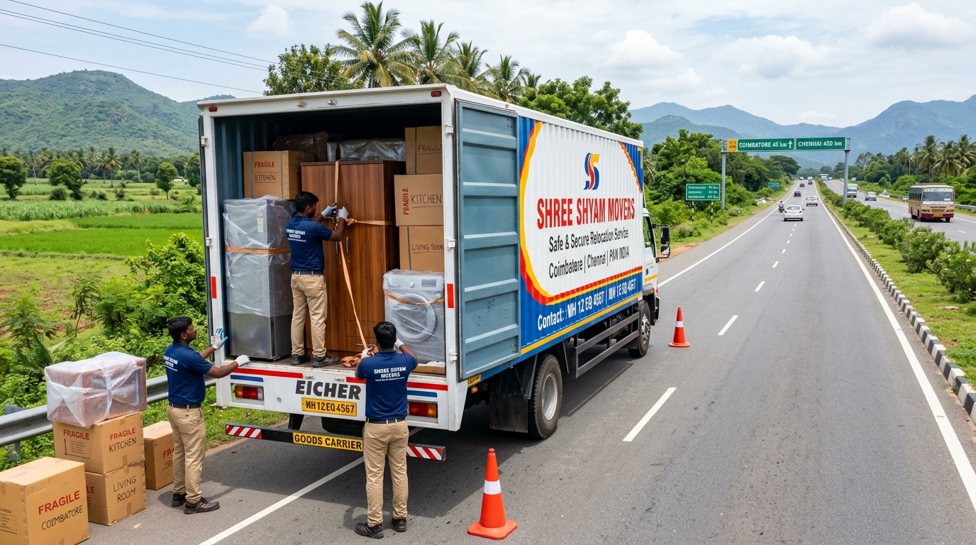 Shree Shyam Movers professional container truck and crew transporting household goods on the Raipur to Coimbatore national highway