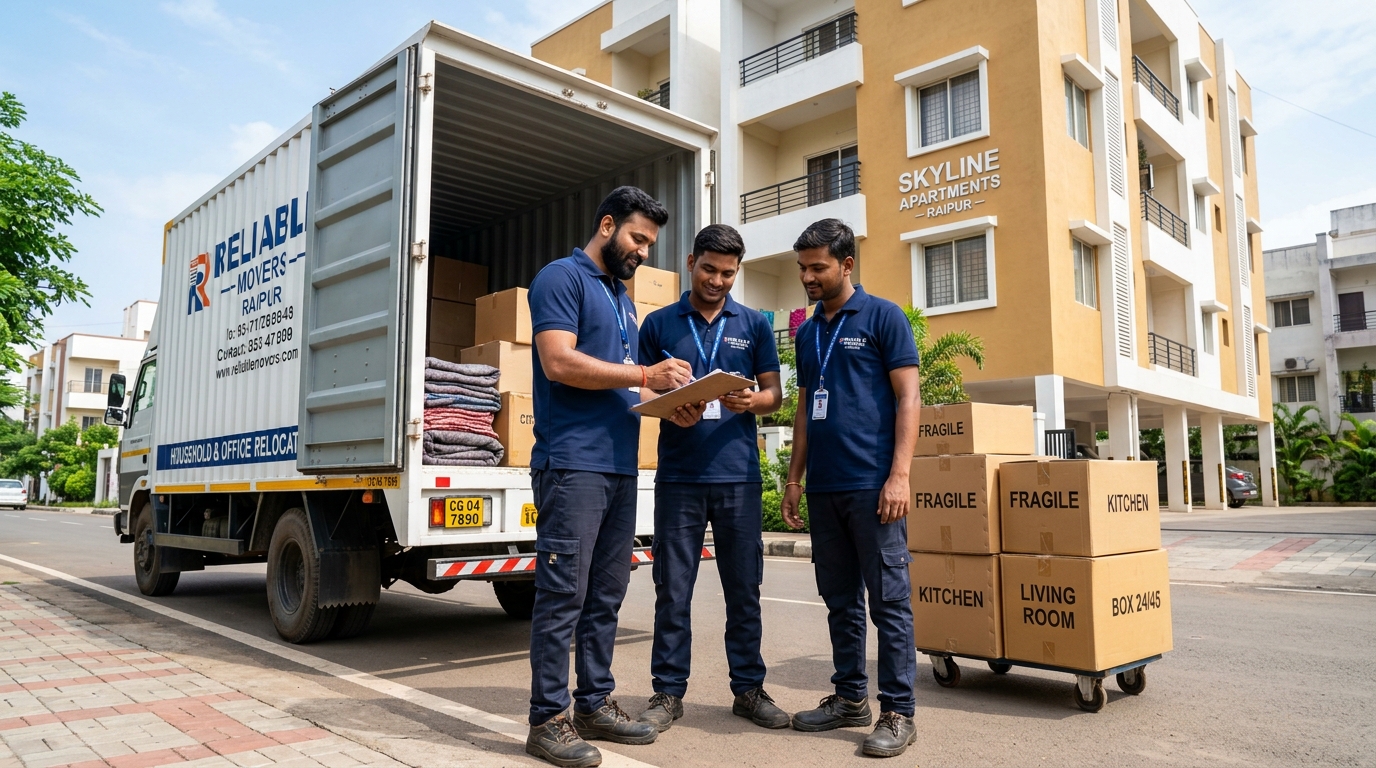 Professional moving team reviewing inventory checklist beside a container truck outside modern apartments in Raipur Chhattisgarh